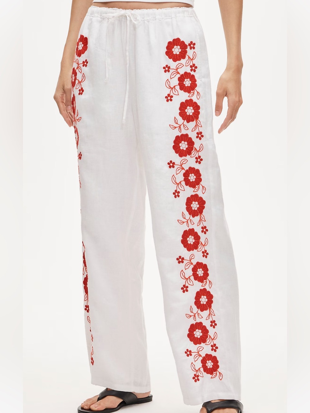 J. Crew NWT Soleil White Wide-Leg Linen Pants with Red Floral Embroidery XXS